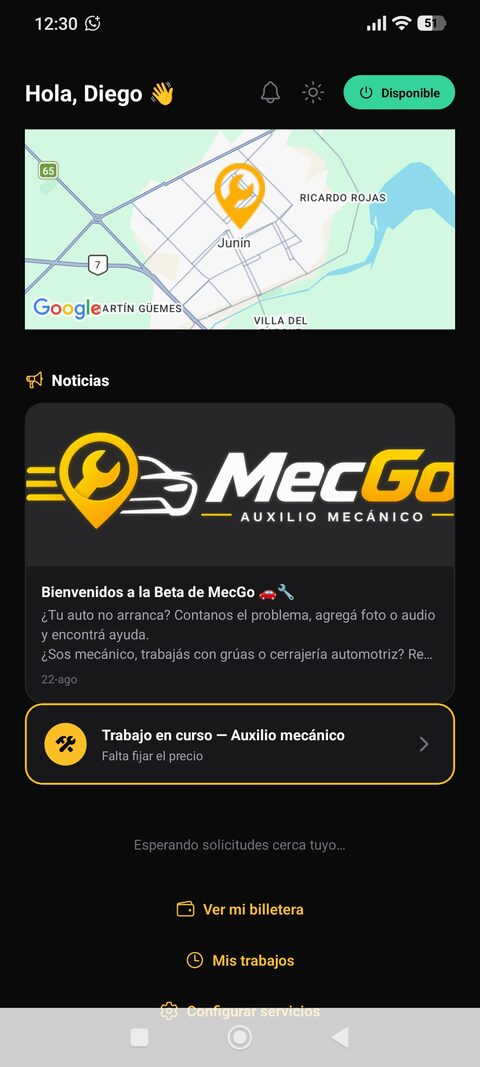 Pantalla principal del mecánico, con el mapa y el estado de disponibilidad