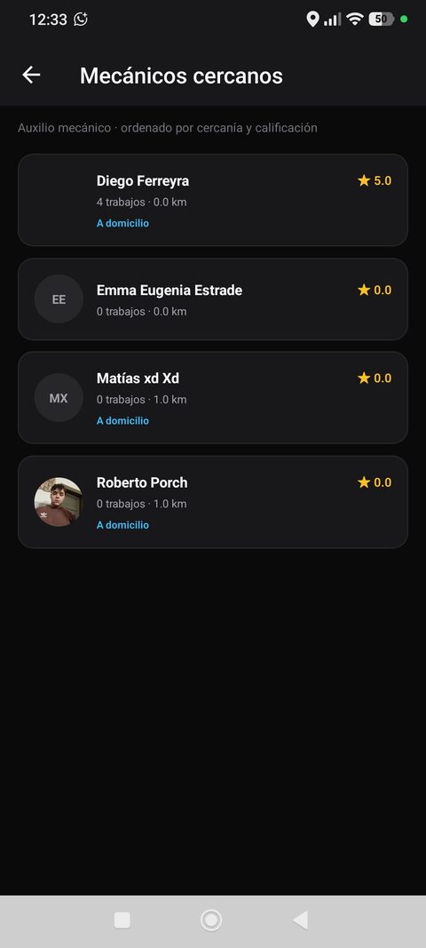 Lista de mecánicos cercanos ordenados por cercanía y calificación